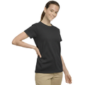 Young woman smiling, wearing a charcoal 100% cotton semi-fitted short sleeve t-shirt, perfect for custom printing or casual wear.