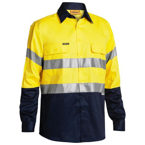 Bisley Taped Hi Vis Work Safety Drill Shirt - Yellow/Navy