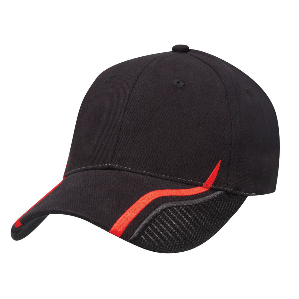 Adults Heavy Brush Cotton Cap with Mesh Peak - 4361 | Black.Red