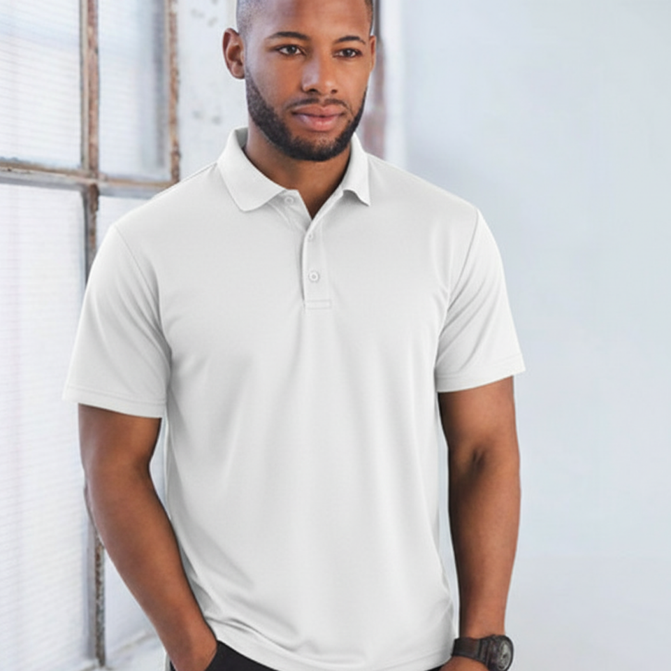 Male model wearing a white plain CoolDry short sleeve polyester polo shirt (PS81)