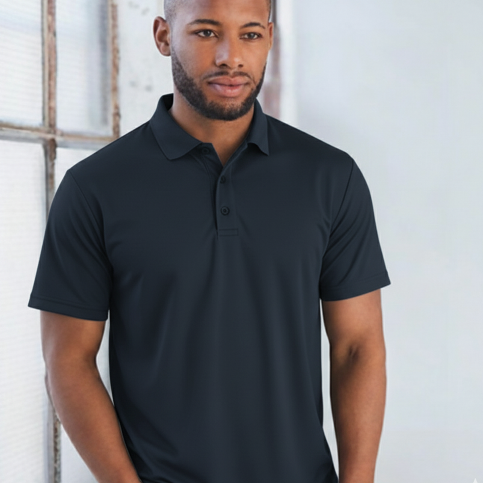 Male model wearing a navy plain CoolDry short sleeve polyester polo shirt (PS81)