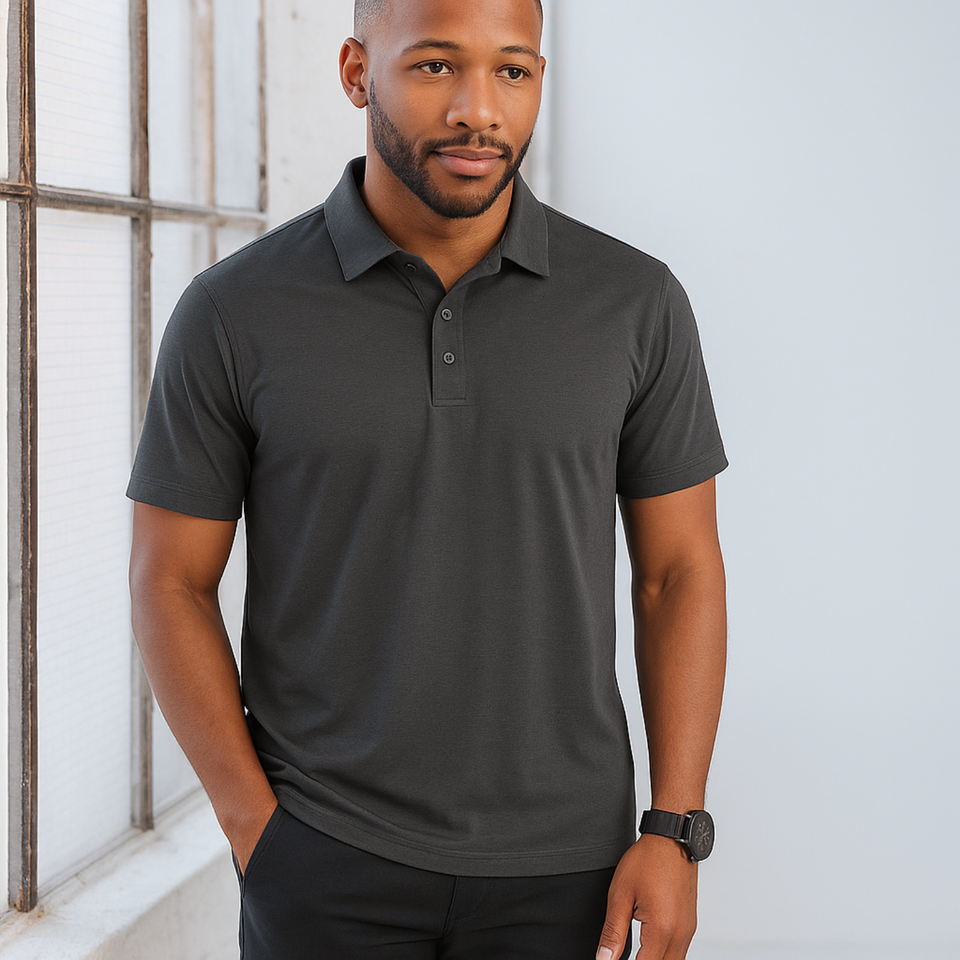 Male model wearing a charcoal plain CoolDry short sleeve polyester polo shirt (PS81)