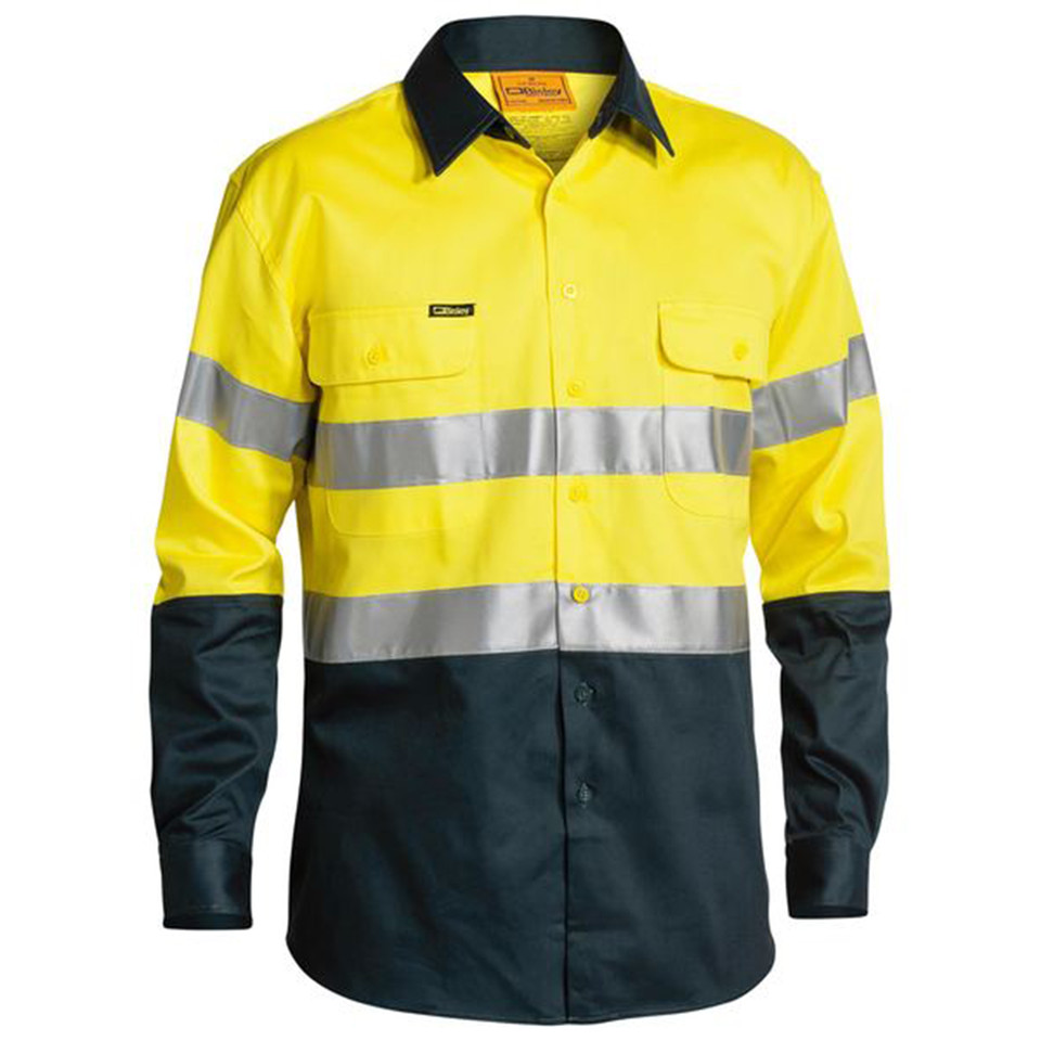 Bisley Taped Hi Vis Work Safety Drill Shirt - Yellow/Bottle