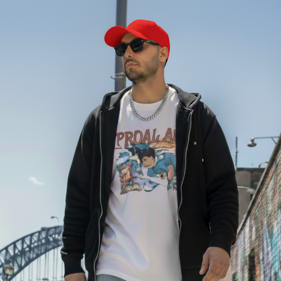 man wearing the Adults 6 Panel Heavy Brushed Cotton Cap CH01 in red