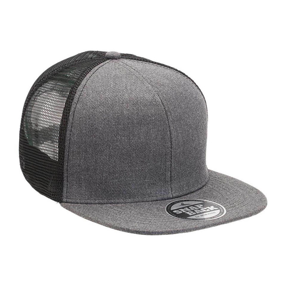 Adults Heather Flat Peak Trucker Cap - 4396 | Charcoal Heather.Black