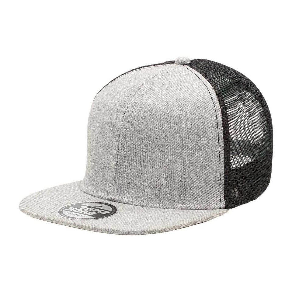 Adults Heather Flat Peak Trucker Cap - 4396 | Grey Heather.Black