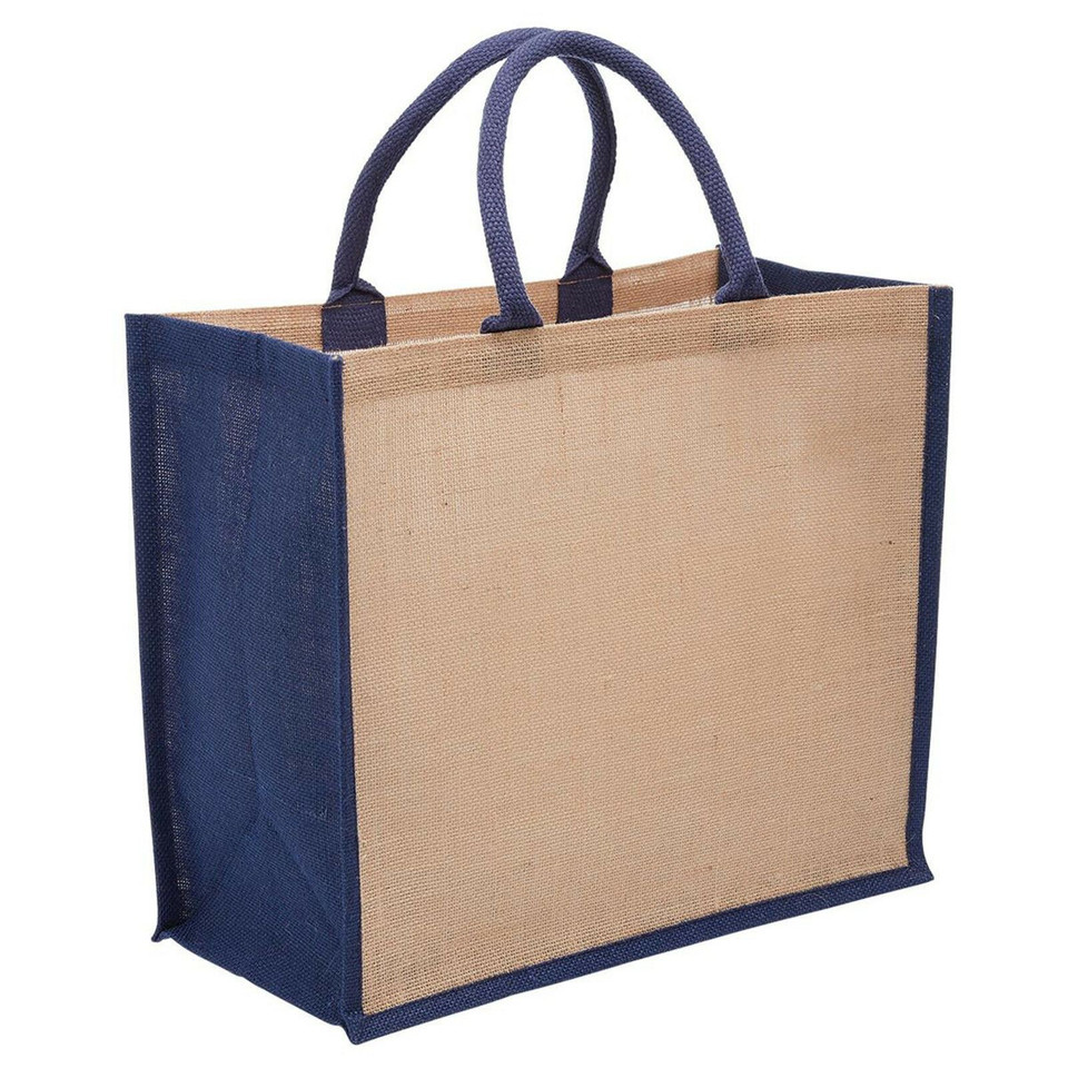 Plain Eco Jute 28L Wide Gusset Tote Carry Bag - 1184 | Natural.Navy