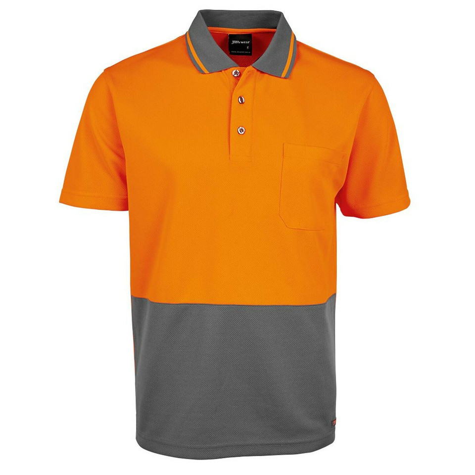 Adults Hi Vis Non Cuff UPF 50+ Polyester Polo - 6HVNC | Orange.Charcoal