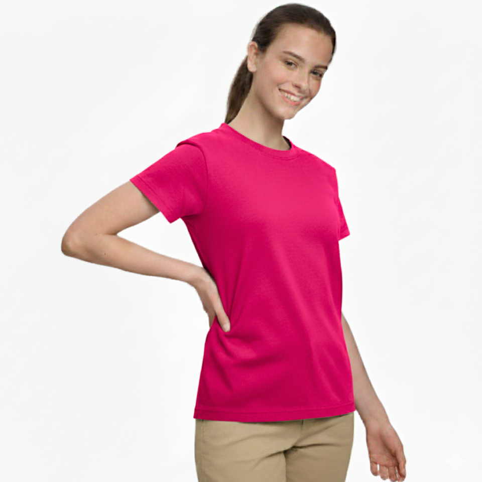 Young woman smiling, wearing a fushia 100% cotton semi-fitted short sleeve t-shirt, perfect for custom printing or casual wear.