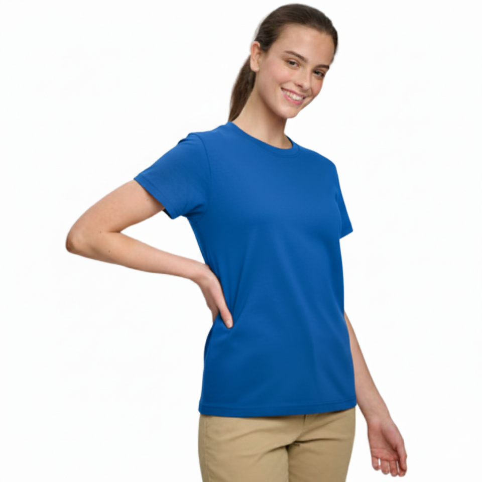 Young woman smiling, wearing a royal 100% cotton semi-fitted short sleeve t-shirt, perfect for custom printing or casual wear.
