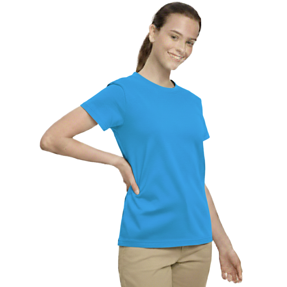 Young woman smiling, wearing a cyan 100% cotton semi-fitted short sleeve t-shirt, perfect for custom printing or casual wear.