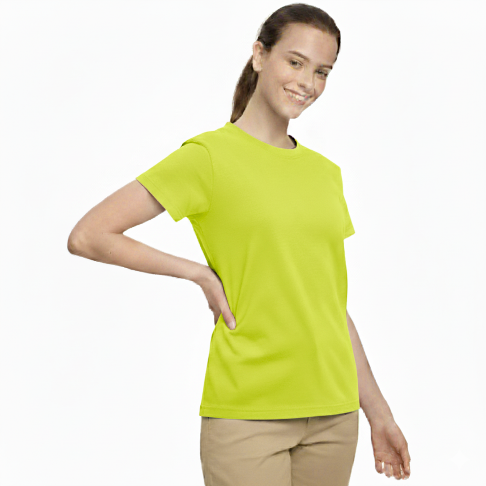 Young woman smiling, wearing a fluoro yellow 100% cotton semi-fitted short sleeve t-shirt, perfect for custom printing or casual wear.