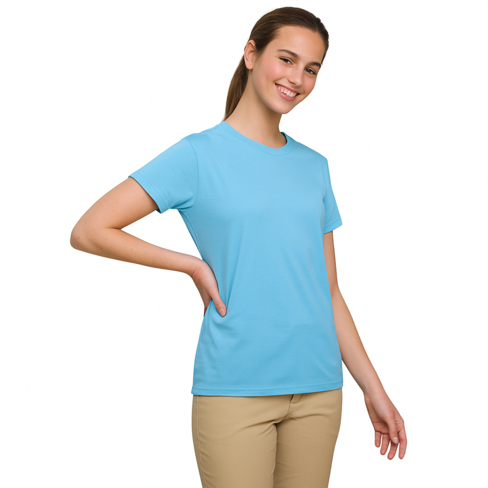 Young woman smiling, wearing a light blue 100% cotton semi-fitted short sleeve t-shirt, perfect for custom printing or casual wear.