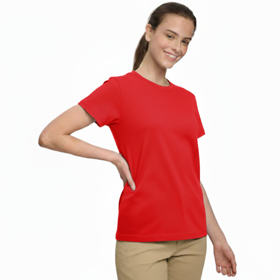 Young woman smiling, wearing a red 100% cotton semi-fitted short sleeve t-shirt, perfect for custom printing or casual wear.