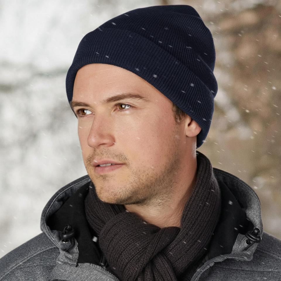 Model wearing the Adults Roll Up Plain Acrylic Knit Beanie CH28 in navy