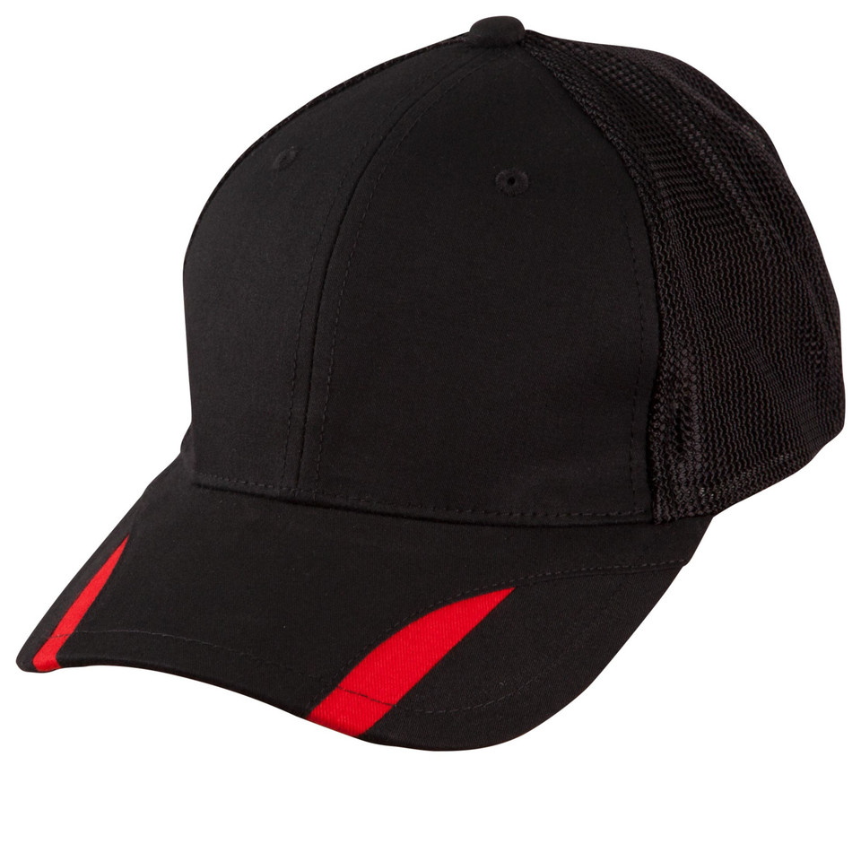 6 Panels Cotton Twill Mesh Contrast Peak Trim Cap - CH41 | Black.Red