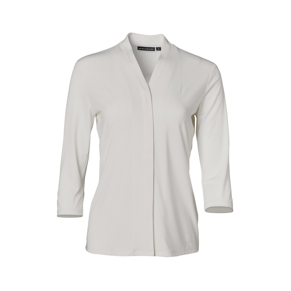Ladies Plain 3/4 Sleeve Stretch Knit Semi Fitted Blouse - M8830 | White