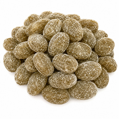 Close-up view of Claey's Sanded Horehound Drops showing the traditional oval shape, classic sanded sugar coating, and old-fashioned candy texture. Premium horehound hard candy made with the distinctive herbal flavor that has been enjoyed for generations. Perfect for nostalgic candy lovers, candy dishes, sharing, and everyday enjoyment. Freshly packed by Michele's Pantry.