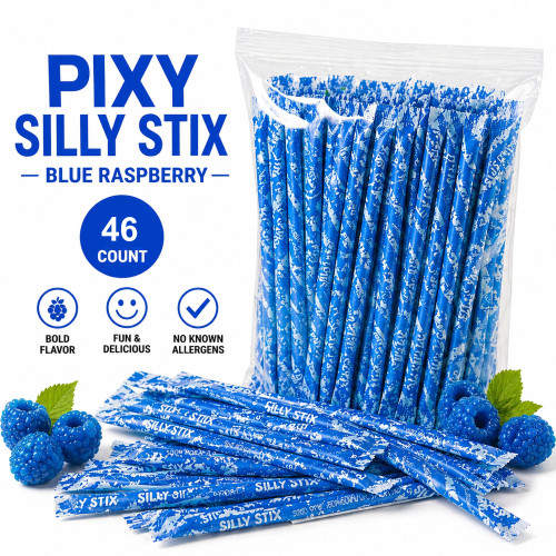 (stack on white background):
46 Blue Raspberry Pixy Silly Stix – sweet & tangy candy straws in a convenient pack.