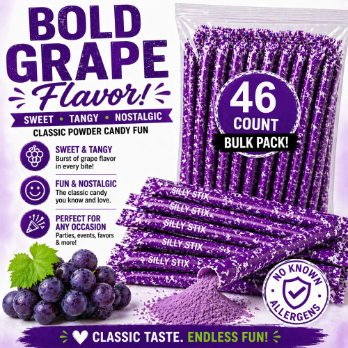 Pixy Silly Stix Grape Powder Candy Straws – 46 Count Bulk Retro Candy