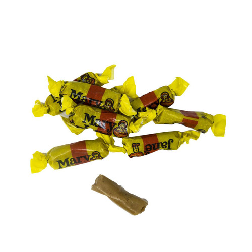 Bite size Mary Jane candies unwrapped and displayed, showcasing the nostalgic yellow and red wrappers.