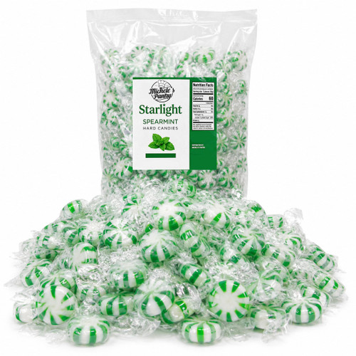 Classic Spearmint Starlight Mints in a 2 lb bulk bag from Michele's Pantry. Individually wrapped hard candy mints with refreshing spearmint flavor and traditional green swirl design.
Spearmint Starlight Mints 2 lb Bulk Bag Individually Wrapped Hard Candy