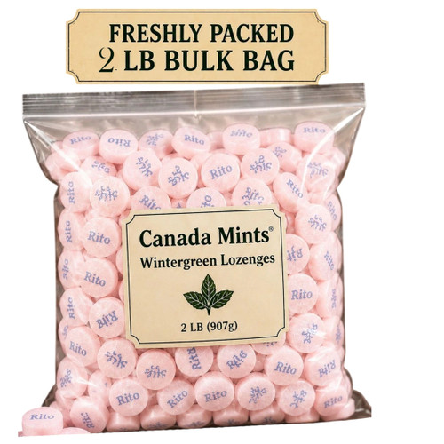 Freshly packed 2 lb bulk bag of Canada Mints Wintergreen Lozenges. Resealable packaging helps maintain freshness while providing a generous supply of classic wintergreen mints.