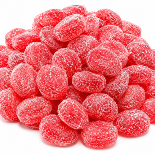 Pile of Claey's Sanded Cinnamon Drops featuring a vibrant red color, classic oval shape, and signature sugar-sanded coating. Sweet and spicy cinnamon hard candy with the traditional old-fashioned flavor candy lovers have enjoyed for generations.