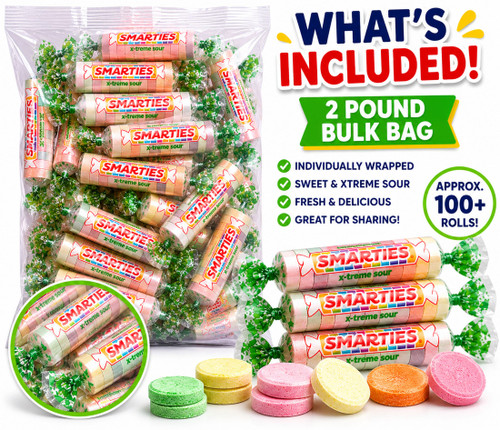 Smarties Xtreme Sour Candy 2 lb Bulk Bag Wrapped Tart Sweet Candy Party Treat
