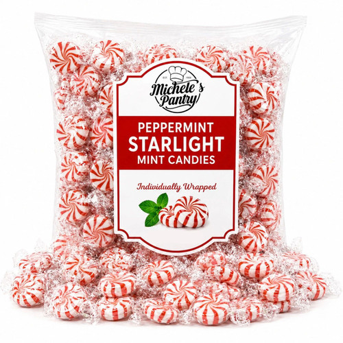 Michele's Pantry Peppermint Starlight Mints in a 2 lb resealable bag filled with individually wrapped classic peppermint hard candies. Perfect for candy bowls, offices, parties, and everyday enjoyment.
