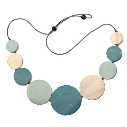 Graduated Wooden Disc Necklace, Teal Mix