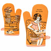
Front and rear view of the Blue Q "Horny For Food" oven mitt.