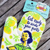 Detail view of the "Get Ready to Undo Your Pants" oven mitt by Blue Q.