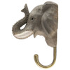 Side profile of a timber Elephant decorative hook, showing the textured carving of the grey skin and the sturdy bronze-finish metal hook.