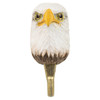 Front view of a hand-carved wooden Bald Eagle wall hook, featuring its iconic white head, sharp yellow hooked beak, and intense, lifelike eyes.