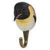 Three-quarter view of a hand-painted Penguin wooden hook, highlighting the fine textural details and realistic facial markings.