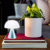 Lifestyle shot of the blue Lexon Mina Mini LED Light standing beside a plant pot.