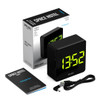 Black NEWGATE Alarm Clock "Space Hotel Orbatron" with green LED, package content