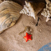 Hand-carved Starfish key chain and key lying on beach sand next to large seashells, featuring a coastal theme.