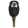 Direct front view of the hand-carved Magpie hook, showing the symmetrical carving of the bird's head and the sturdy metal hanging hook.