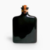 Front profile view of the glossy black Viski Nautilus ceramic pocket flask featuring its unique vintage-inspired brown leather strap and cork top.
