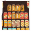 Close-up of the folded Blue Q Beer Me apron showing retro beer cans spelling out Beer Me.