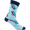 Side profile view of the SEXY SOCKS Gone Fishing bamboo sock displaying the navy ribbed cuff and fishing line artwork.