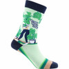 Side profile view of the SEXY SOCKS Crazy Plant Lady bamboo sock highlighting the mint green background and dark navy cuff.