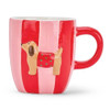 Annabel Trends 450ml Dachshund ceramic coffee mug with bold red and pink vertical stripes and a 3D dachshund dog wearing a polka dot coat.
