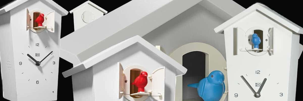 Collage of various BirdHouse cuckoo clocks in white by KooKoo Germany.