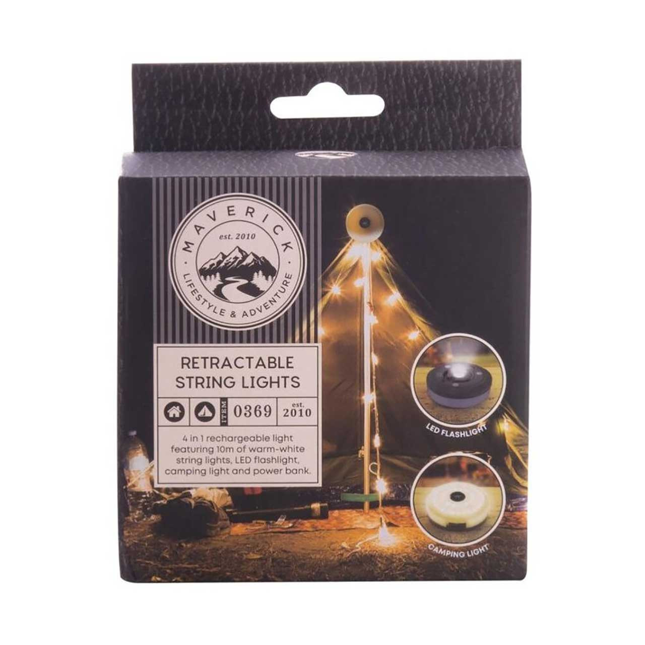 Camping String Lights – 12M Retractable RGB LED, Rechargeable, 8 Modes, IP44 Weatherproof, Lantern Mode, Magnetic Base, For Tent, Patio & Christmas