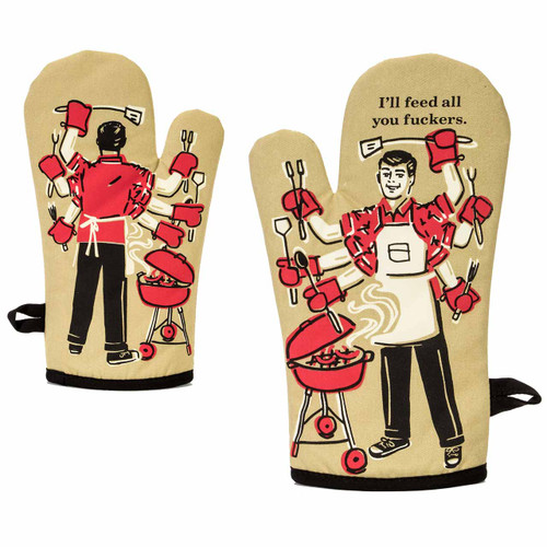 Front and back view of the funny Blue Q oven mitt with the slogan I'll Feed All You F*ckers.