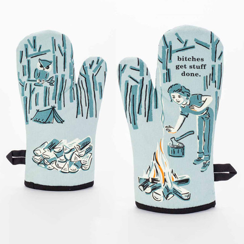Front and rear view of the Blue Q "Bitches Get Stuff Done" oven mitt.
