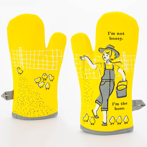 Front and rear view of the Blue Q oven mitt with the slogan "I'm not bossy. I'm the boss".